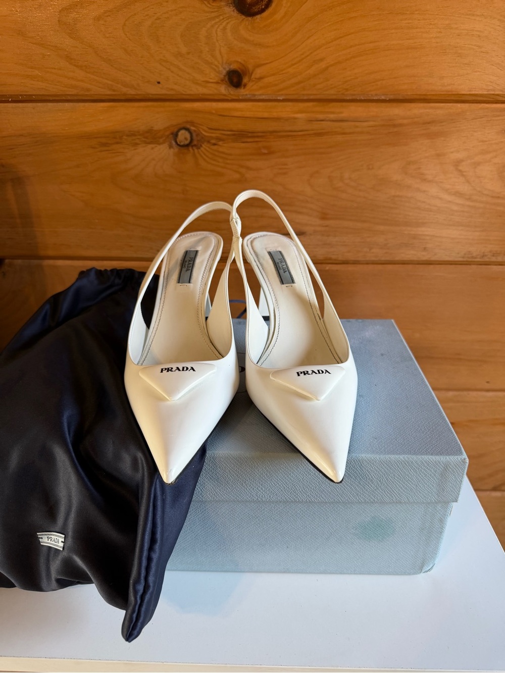 Prada White Pointed Patent Slingback Pumps - Picture 2 of 12